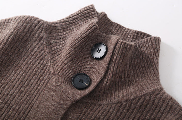 Wool High-Neck Long Cardigan With Pocket