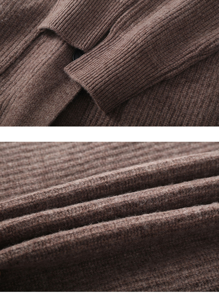 Wool High-Neck Long Cardigan With Pocket